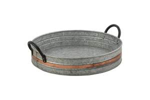 Bandeja de hierro de metal galvanizado de forma redonda con asas doradas - Product Image 6