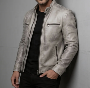 Blouson moto homme en cuir véritable, col montant, fermeture éclair, finition délavée, coupe ajustée, style automne, modèles 2027 - Product Image 1