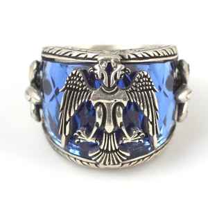 925 Sterling <b>Silver</b> Handmade Ottoman Eagle <b>Men</b>’s <b>Ring</b> with Aquamarine Color Stone | Turkish Jewelry - Product Image 5