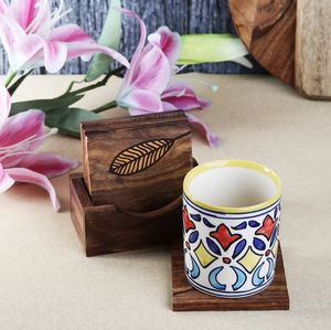 Juego de posavasos de madera Sheesham de hoja étnica posavasos de madera con soporte decoración de mesa de centro accesorios de cocina de madera de acacia decorativos - Product Image 4