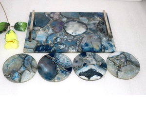 Ensemble de sous-verres avec plateaux en agate pour la maison et l'hôtel Plateau de service en agate avec poignée en métal Plateau à bijoux en agate pour article cadeau à vendre - Product Image 3