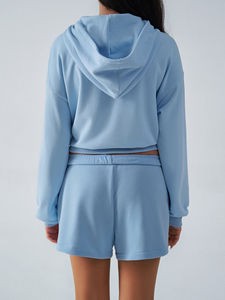 Sudadera con capucha y pantalones cortos de algodón de alta calidad con cremallera, conjunto de 2 piezas para mujer, logotipo personalizado, informal, Invierno - Product Image 5