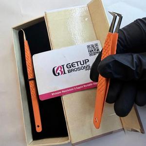 Ensemble de pinces professionnelles pour extensions de cils orange, en acier inoxydable, antistatiques, pointe lisse, 10 mm, poignée à grille diamantée de précision - Product Image 1