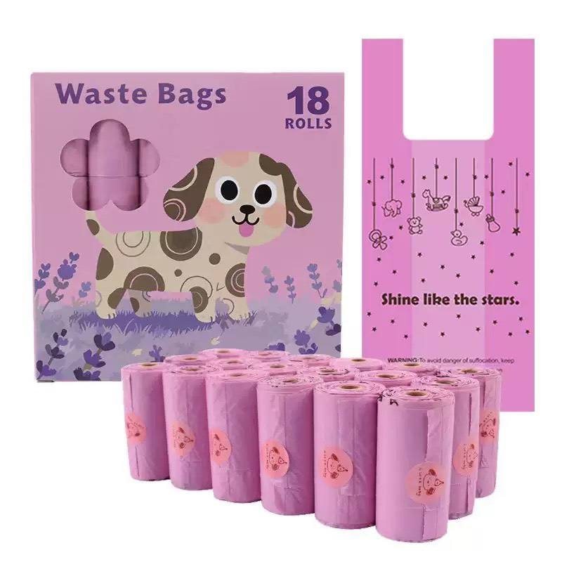 Pink dog poop bags with handles