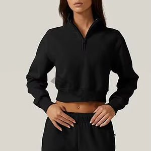 Femmes élégant court à capuche col roulé sweat à la mode automne Streetwear fermeture éclair tissé demi-fermeture éclair avant Logo 100% coton - Product Image 1