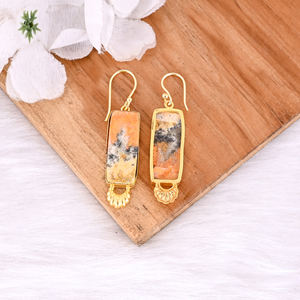 Bumble Bee Jasper Rectángulo Piedra preciosa Amarillo Chapado en oro Latón Cuelga Pendiente Joyería hecha a mano Declaración Pendientes Joyería - Product Image 4