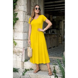 Women's Short-Sleeved V-Neck Slit Midi <b>Viscose</b> <b>Dress</b>, 35174 - Yellow - Product Image 3