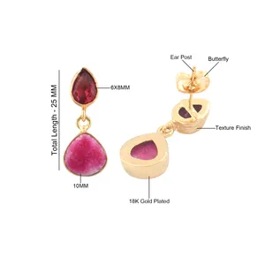 Women's double stone drop earrings minimalist red quartz with dyed ruby studded brass gold plated butterfly ear post earrings