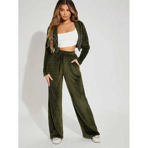 ชุดวอร์ม2ชิ้นเสื้อครอปมีฮู้ดสีชมพูกำมะหยี่ชุดวิ่งจ๊อกกิ้งกางเกงสองชิ้นสำหรับฤดูใบไม้ร่วง - Product Image 1