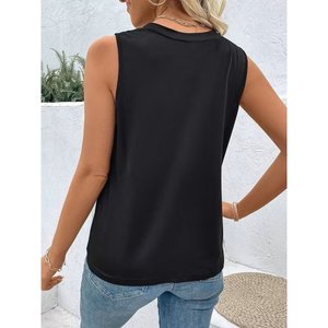 Blusa de viscosa sin mangas con cuello en V y botones frontales con detalle de lazo para mujer, 34613 - Negro - Product Image 4