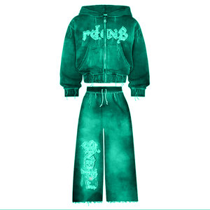 High Quality Vintage Heavyweight Sweatsuit Sun Fade Printing Sweatpants 100% Cotton French Terry Distressed Hoodie <b>Men</b> Tracksuit - Product Image 3