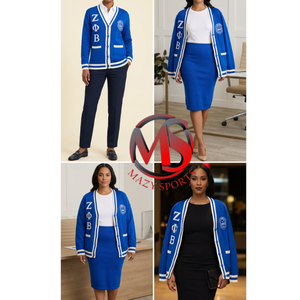 Ensembles de pulls et jupes en acrylique 100% tricoté pour femmes de la sororité ZPB, Divine Nine Zeta Phi Beta, bleu et blanc, ensembles de robes cardigan - Product Image 3