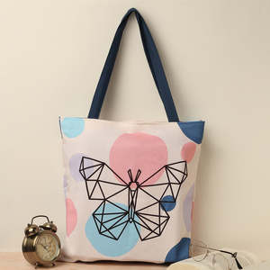 Butterfly <b>Cotton</b> Canvas Tote Bags Zipper Closure Customizable Logo Solid Color Letter Decoration PU Polyester Lining Satin - Product Image 2