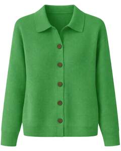 Women Green Button Front Knit Cardigan Sweater Long Sleeve Soft Casual <b>Winter</b> <b>Top</b> With Polo Collar For Ladies Fashion Wear - Product Image 1