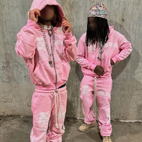 Ensemble sweat à capuche et pantalon de survêtement 100 % coton, entièrement zippé, coupe évasée personnalisée, jambe large empilée, logo brodé effet usé