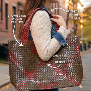 Handwoven Multicolor Pattern Wicker Tote Bag with <b>Red</b> Braided Handle Eco Friendly Handmade <b>Handbag</b> - Product Image 2