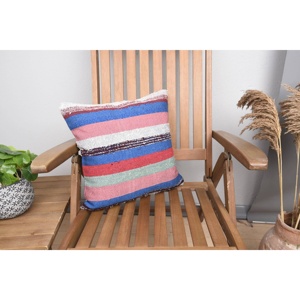 Almohada de lana de retazos Kilim Multicolor, cojín decorativo de lujo de 16x16 pulgadas, ropa de cama portátil con patrón de hojas esponjosas Vintage - Product Image 1