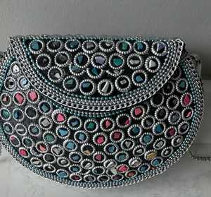 Sac à main élégant fait à la main écologique Designer Party Wear Purse Ethnic Fashion Handbag Durable Metal Chain Screen Printed - Product Image 3