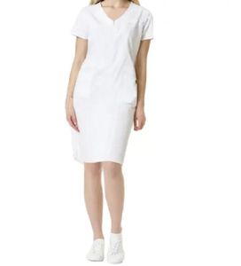 Nouvelle collection 2023 : Robe de laboratoire en coton blanc à manches courtes et col en V pour femmes en uniforme médical - Product Image 1