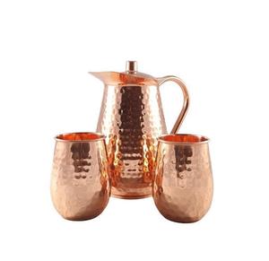 Uso de vajilla Jarra de agua de diseño martillado de cobre puro y 2 juegos de vidrio que sirven para el almuerzo y la cena - Product Image 1