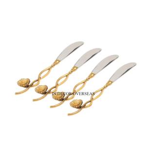 Fournitures de couverts de couteau poli brillant argenté de qualité supérieure en métal avec des poignées de concepteur de fleurs plaquées or d'Inde - Product Image 1