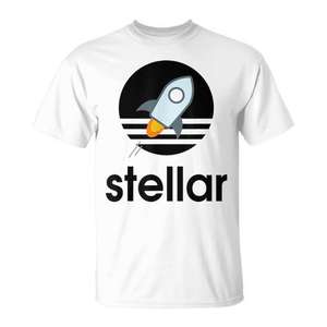 Camiseta Stellar para fanáticos de Blockchain con diseño de cohete y cuello redondo blanco - Product Image 1