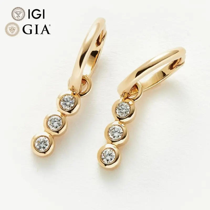Fabrika IGI GIA sertifikalı CVD Lab yapılan oluşturulan yetiştirilen elmas 14K 18K katı altın damızlık Charm üçlü elmas damla Hoop küpe