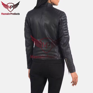 Chaqueta de cuero genuino negro para mujer, estilo motero, con mangas acanaladas, cuello alto, piel de oveja, bolsillos con cremallera, corte ajustado, prendas de abrigo personalizadas, nuevo estilo. - Product Image 5