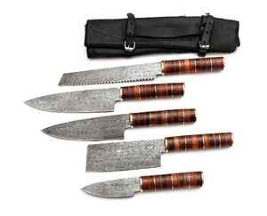 Ensembles de couteaux de cuisine professionnels en acier inoxydable damas de 5 pièces \ Ensembles de couteaux de chef avec étui en cuir - Product Image 1