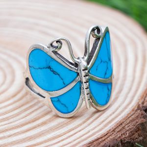 Memoria Jewels Classic Bohemian Butterfly Shape Turquoise Enamel <b>Cocktail</b> <b>Ring</b> 925 Sterling Silver Unisex Jewelry Gift - Product Image 1