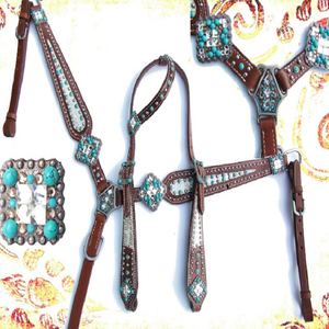 Goujons en acier inoxydable Bride de cheval en cuir indien Headstall Collier de poitrine Headstall de cheval Main avec Conchos décoratifs - Product Image 1