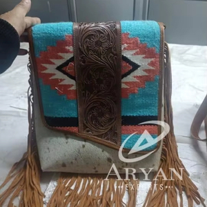 Bolso de mano de cuero, bolso de cuero de vaca Real, manta de sillín azteca, bolsos con flecos, bolsos superventas para mujer - Product Image 1