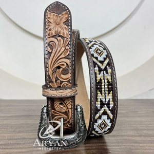Cinturones de cuero mecanizados a mano personalizados profesionales de marca superior para cinturón de cuero de vaca genuino de diseño Floral y con cuentas de Alta Calidad Unisex - Product Image 1