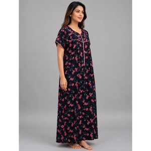 Evolove Women's Classic Black Floral Print 100% Cotton <b>Long</b> Sleeve Nightgown Front Zipper Quick Dry Breathable 3XL Home Night - Product Image 4
