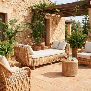 Outdoor <b>Rattan</b> Daybed Lounge <b>Sofa</b> Mahogany Wood Frame Cl <b>Rattan</b> Natural Daphnie Cream Cushion Chaise Lounge Setup Art Design - Product Image 2