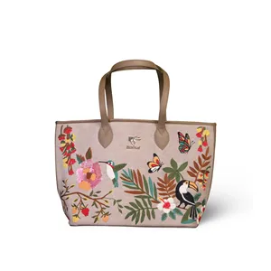 <b>Large</b> Embroidered Vegan Leather Bohemian Summer <b>Beach</b> Tote <b>Bag</b> for Women - Product Image 1