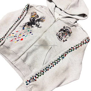 500g DTG impression sweat à capuche surdimensionné pour hommes avec fermeture à glissière à rivets personnalisée et strass de lavage à l'acide sweat à capuche pour hommes - Product Image 4