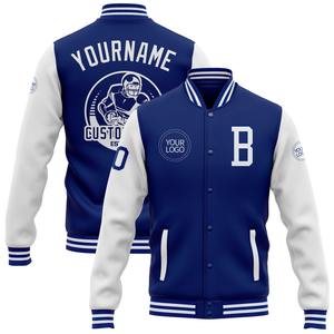 Vente en gros dans l'industrie directe, blouson deux tons Letterman décontracté pour l'hiver, blouson blanc royal-doré à fermeture éclair - Product Image 4