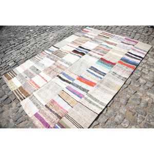 พรมวินเทจขนาด 5.5x7.5 ฟุต พรมปะติดปะต่อ พรมขอบสีเบจ ทำจากขนสัตว์ - Product Image 2