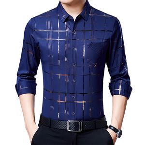 New Arrival <b>Men's</b> Casual Long Sleeve <b>Satin</b> Blouse <b>Shirt</b> Loose Fit Stand Collar Anti-Wrinkle Autumn Stripe Print Wholesale - Product Image 1