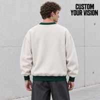 Sweat-shirt personnalisé pour homme en coton 100% 380GSM, tissu éponge lourd, broderie chenille, manches longues, col en V, gris avoine, vente en gros OEM pour l'automne
