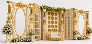 Scène de réception de mariage indienne grandiose de style Bollywood classique, blanc et or, avec canapé, thème palais, pour événements de fiançailles en Australie - Product Image 3