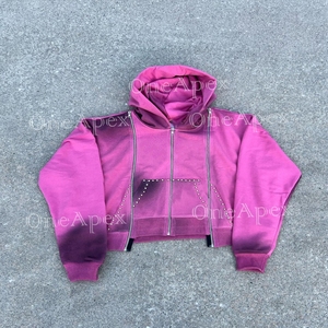<b>Men's</b> Tracksuit Custom <b>pink</b> Acid Washed Sweat suit Triple Zip up Sun Faded Diamond Rhinestone Gem Stones <b>Hoodie</b> Set - Product Image 2