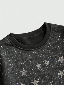 Star Rhinestone Black Acid Wash Sudadera Mujer Cuello redondo Pullover Glitter Adornado Soft Fleece Streetwear Winterwear - Product Image 3