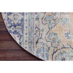 Alfombra Turca, Redonda de 4.5x4.5 pies, Alfombra Vintage con Diseño Floral en Naranja y Azul - Product Image 4