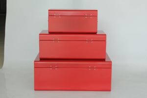 Red Metal <b>Storage</b> Trunk Set of 3 | Decorative Iron Suitcase <b>Box</b> with Gold Hardware | Crimson Living Room Organizer Chests - Product Image 6