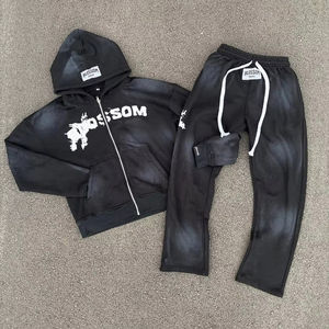 Fabricants de vêtements pantalons évasés personnalisés survêtement Vintage lavage à l'acide soleil délavé bouffée impression 100% coton jogging survêtements hommes - Product Image 1