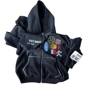 Sweat à capuche unisexe personnalisé avec fermeture éclair et délavé à l'acide 100% coton brodé de logo Rhinestone hiver Sweat à capuche surdimensionné pour hommes - Product Image 1