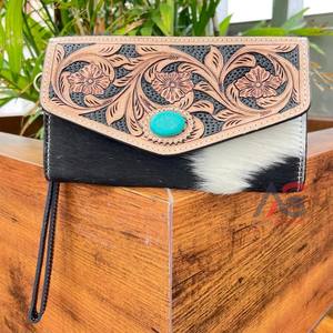 Cowgirl Hand Tooled Leather Cowhide Wristlet Clutch with Turquoise <b>Stone</b> Western New Style Floral Print Carved Wallet For Women - Product Image 1