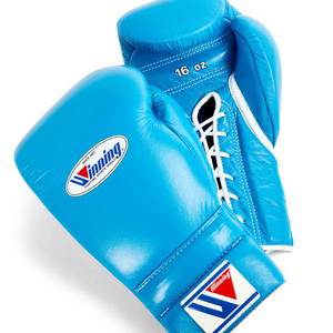 Guantes para adultos de competición de par de boxeo de color azul Skye con cordones de cuero genuino ganador - Product Image 4